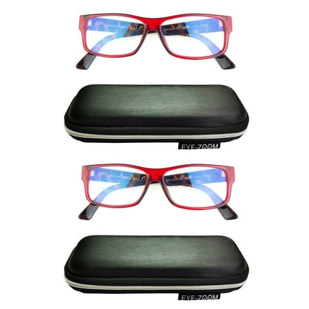EYE ZOOM 2 Pack Extra Wide Fashion Plastic Blue Light Blocking and Anti UV Computer Eyeglasses, Wine Red