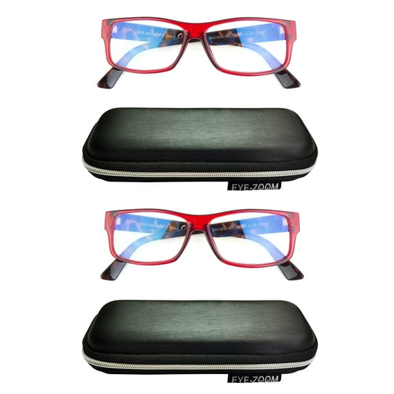 EYE ZOOM 2 Pack Extra Wide Fashion Plastic Blue Light Blocking and Anti UV Computer Eyeglasses, Wine Red