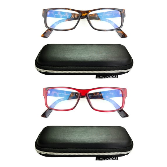 EYE ZOOM 2 Pack Extra Wide Fashion Plastic Blue Light Blocking and Anti UV Reading Glasses, Mul-color +1.50