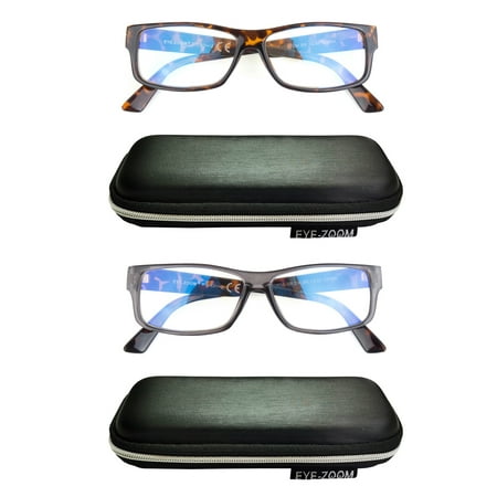 EYE ZOOM 2 Pack Extra Wide Fashion Plastic Blue Light Blocking and Anti UV Reading Glasses, Mul-color +3.00