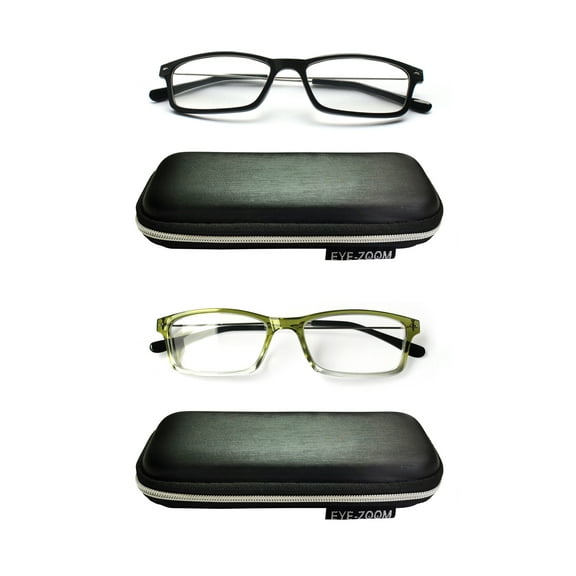 EYE ZOOM 2 Pack Lightweight Thin Frame Reading Glassess with Case for Men Women, Black and Green, 1.00