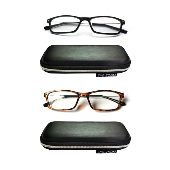 EYE ZOOM 2 Pack Lightweight Thin Frame Reading Glassess with Case for Men Women, Black and Tortoise, 3.00