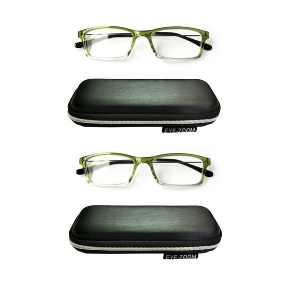 EYE ZOOM 2 Pack Lightweight Thin Frame Reading Glassess with Case for Men Women, Green, 3.00