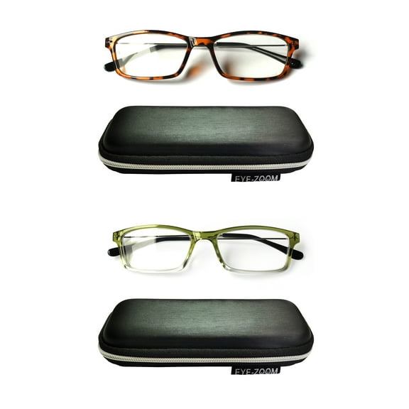 EYE ZOOM 2 Pack Lightweight Thin Frame Reading Glassess with Case for Men Women, Tortoise and Green, 1.50