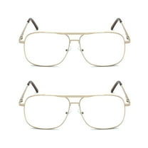 EYE ZOOM 2 Pack Men Metal Frame Square Aviator Style Geek Reading Glasses with Case , Gold,  1.00