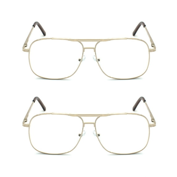 EYE ZOOM 2 Pack Men Metal Frame Square Aviator Style Geek Reading Glasses with Case , Gold, +1.75