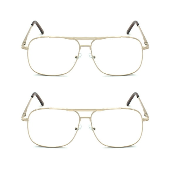 EYE ZOOM 2 Pack Men Metal Frame Square Aviator Style Geek Reading Glasses with Case , Gold, +2.50