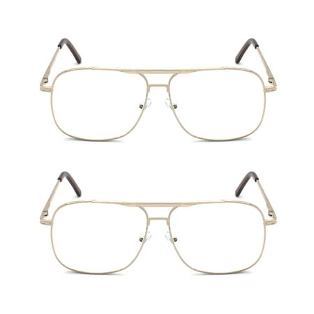 EYE ZOOM 2 Pack Men Metal Frame Square Aviator Style Geek Reading Glasses with Case , Gold, +2.75