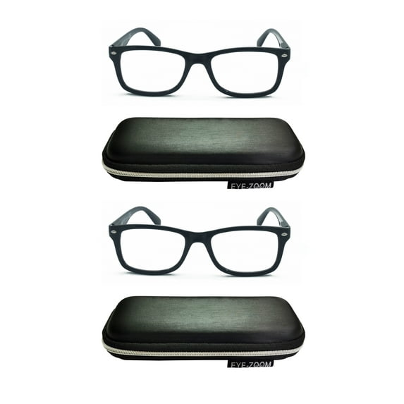 EYE ZOOM 2 Pack Men and Women Vintage Plastic Reading Glasses with Case, Black +1.75