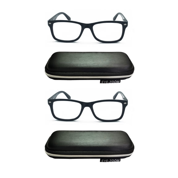 EYE ZOOM 2 Pack Men and Women Vintage Plastic Reading Glasses with Case, Black +2.50