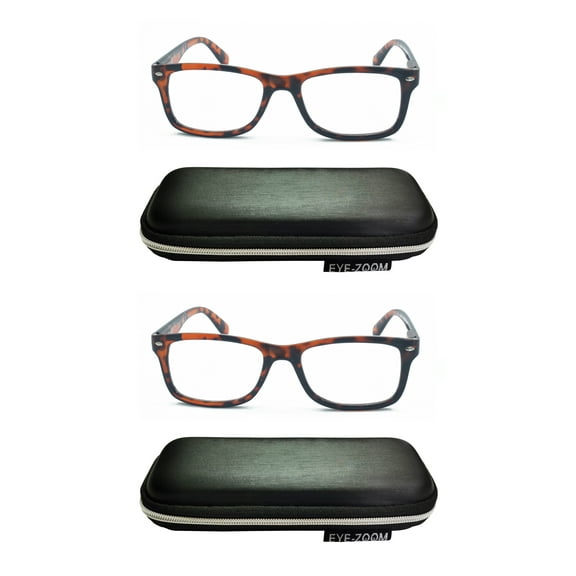 EYE ZOOM 2 Pack Men and Women Vintage Plastic Reading Glasses with Case, Brow Tortoise +1.25