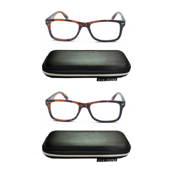 EYE ZOOM 2 Pack Men and Women Vintage Plastic Reading Glasses with Case, Brow Tortoise +2.50