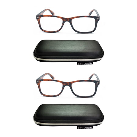 EYE ZOOM 2 Pack Men and Women Vintage Plastic Reading Glasses with Case, Brow Tortoise +3.50