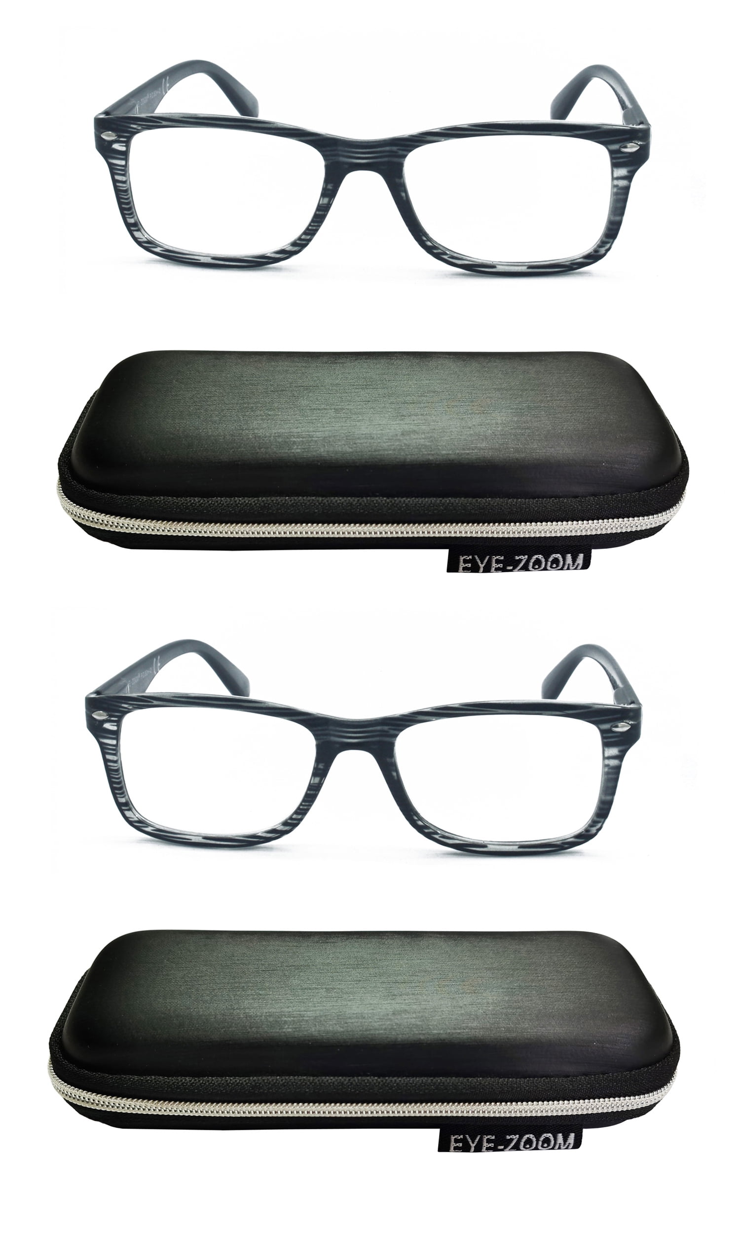 EYE ZOOM 2 Pack Men and Women Vintage Plastic Reading Glasses with Case, Grey Stripe +3.00