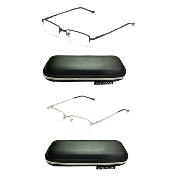 EYE ZOOM 2 Pack Reading Glasses Metal Rectangular Half Rimless Readers with Case for Men and Women, Black and Silver +1.75