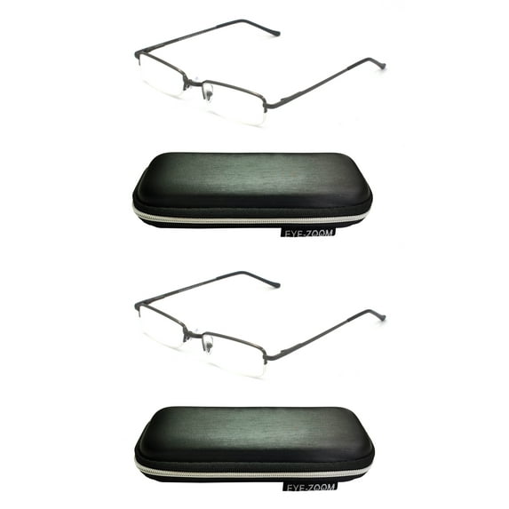 EYE ZOOM 2 Pack Reading Glasses Metal Rectangular Half Rimless Readers with Case for Men and Women, Gunmetal +1.50