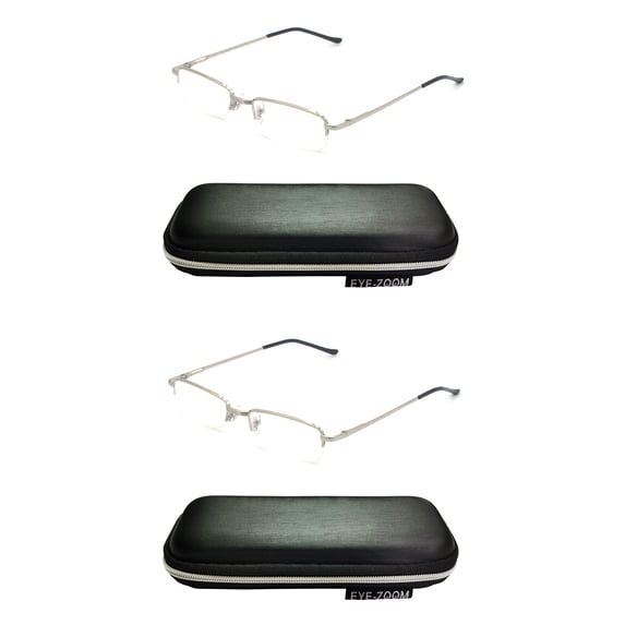 EYE ZOOM 2 Pack Reading Glasses Metal Rectangular Half Rimless Readers with Case for Men and Women, Silver +1.75