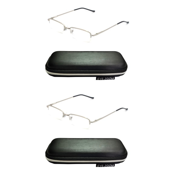 EYE ZOOM 2 Pack Reading Glasses Metal Rectangular Half Rimless Readers with Case for Men and Women, Silver +3.00