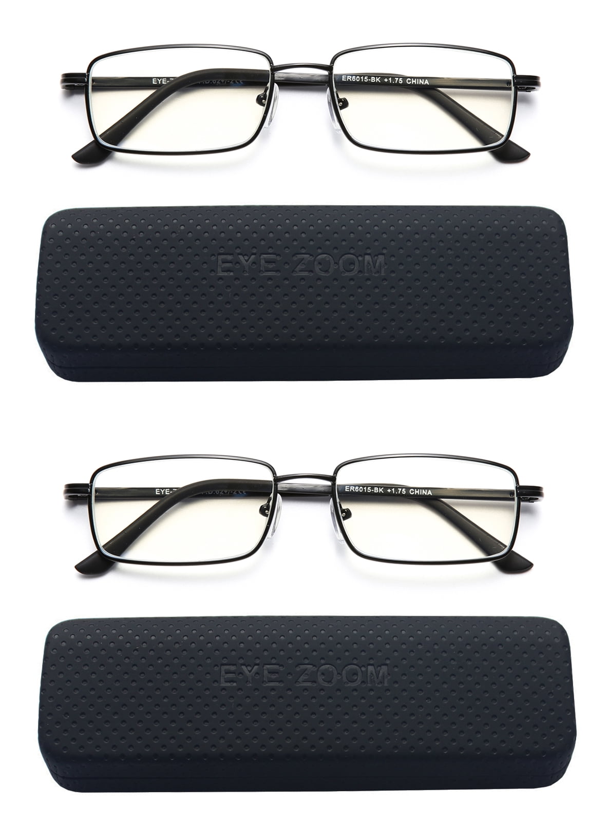 EYE ZOOM 2 Pack Rectangular Metal Frame Blue Light Blocking Reading Glasses, Black, +1.50