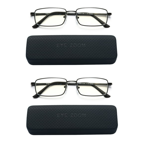 EYE ZOOM 2 Pack Rectangular Metal Frame Blue Light Blocking Reading Glasses, Black, +1.75