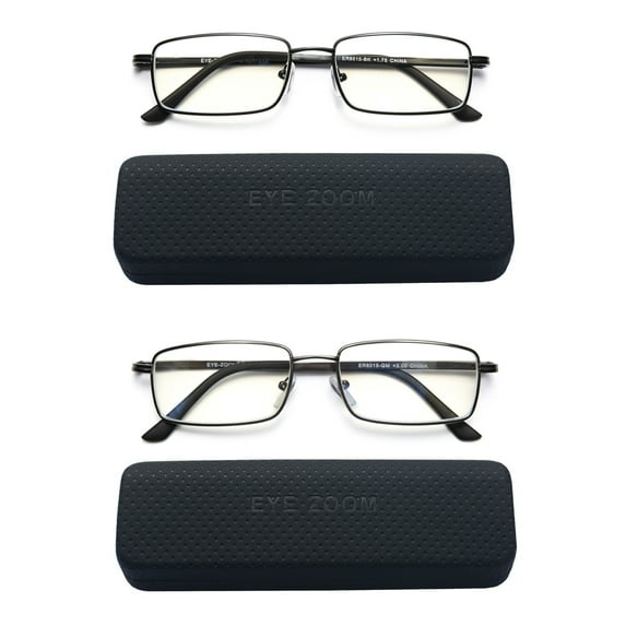 EYE ZOOM 2 Pack Rectangular Metal Frame Blue Light Blocking Reading Glasses,Black and Gunmetal,+1.75