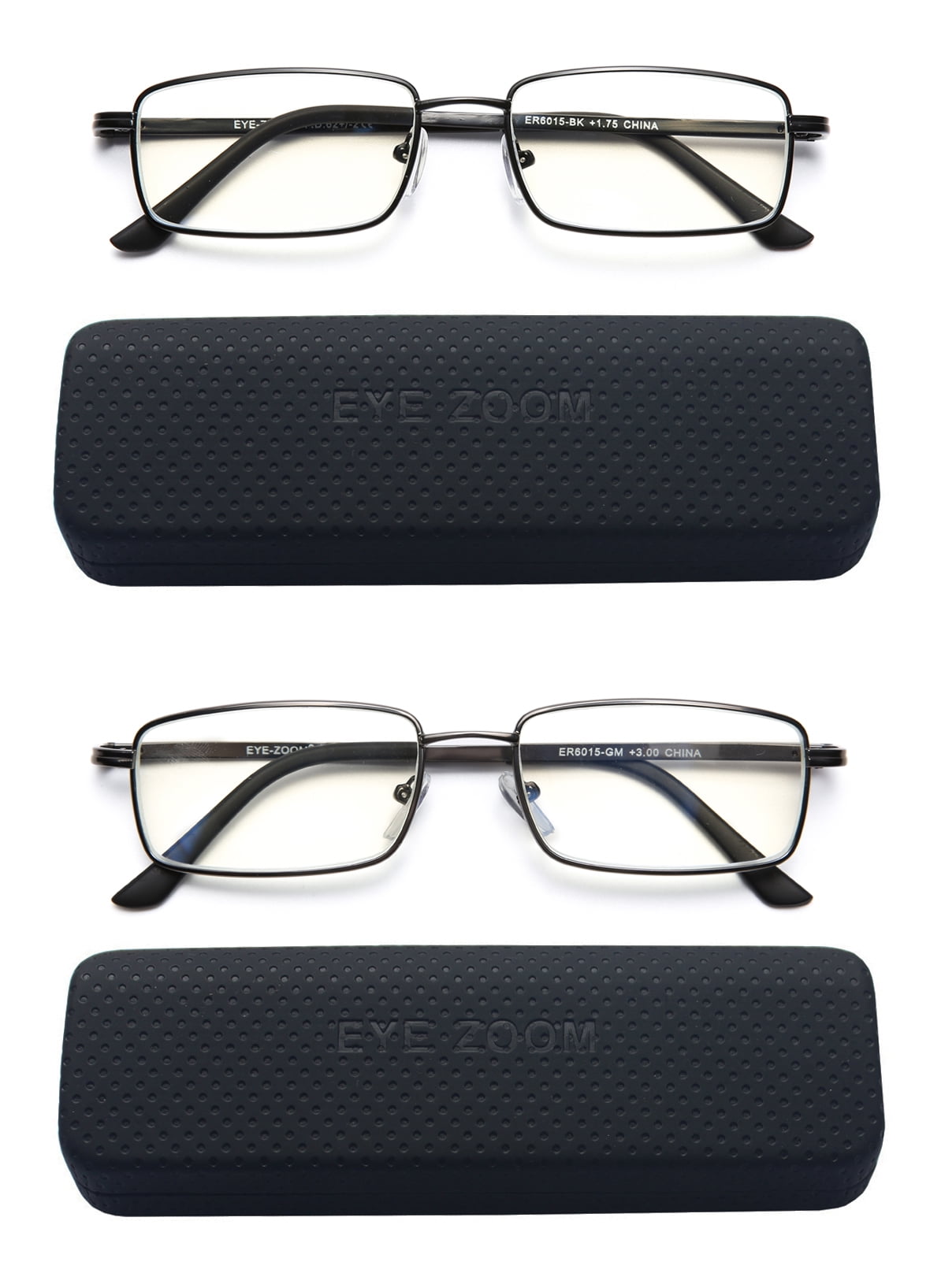EYE ZOOM 2 Pack Rectangular Metal Frame Blue Light Blocking Reading Glasses,Black and Gunmetal,+2.50