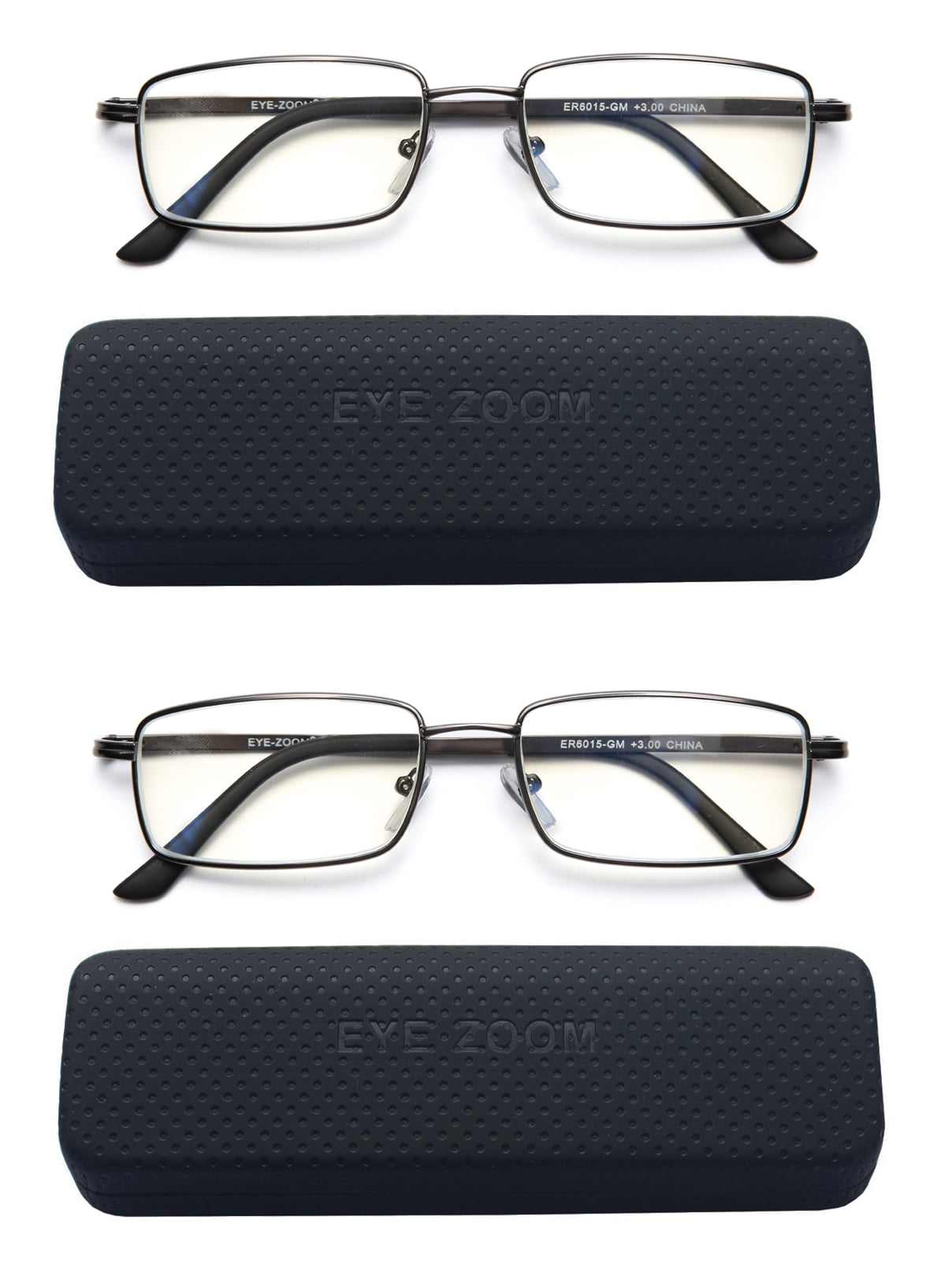 EYE ZOOM 2 Pack Rectangular Metal Frame Blue Light Blocking Reading Glasses, Gunmetal, +1.75
