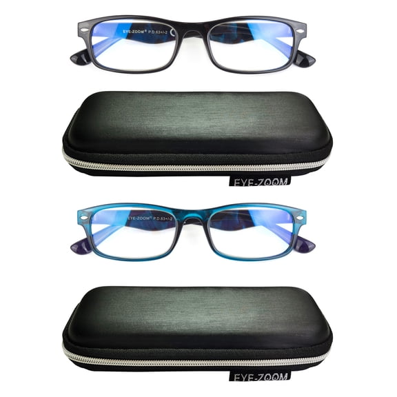 EYE ZOOM 2 Pack Rectangular Plastic Blue Light Blocking Reading Glasses, Black and Blue +2.50