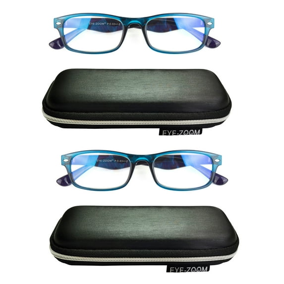 EYE ZOOM 2 Pack Rectangular Plastic Blue Light Blocking Reading Glasses, Blue +1.25