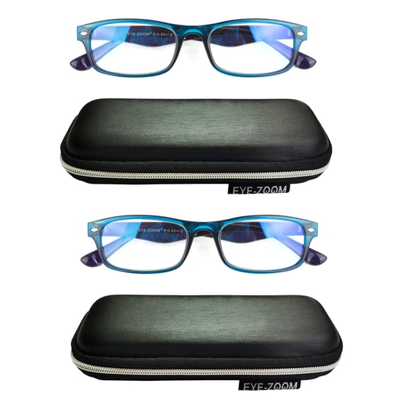 EYE ZOOM 2 Pack Rectangular Plastic Blue Light Blocking Reading Glasses, Blue +2.50