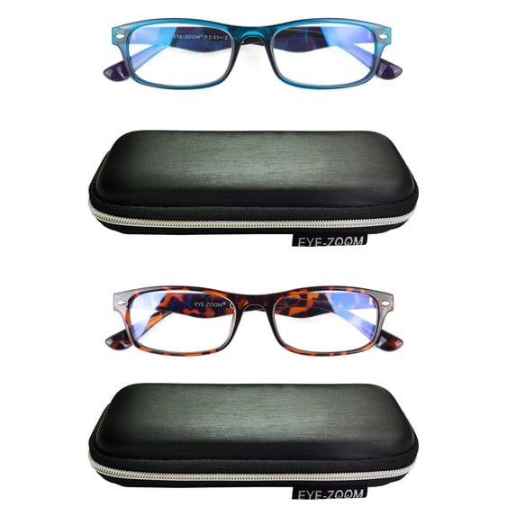 EYE ZOOM 2 Pack Rectangular Plastic Blue Light Blocking Reading Glasses, Blue and Tortoise +1.75