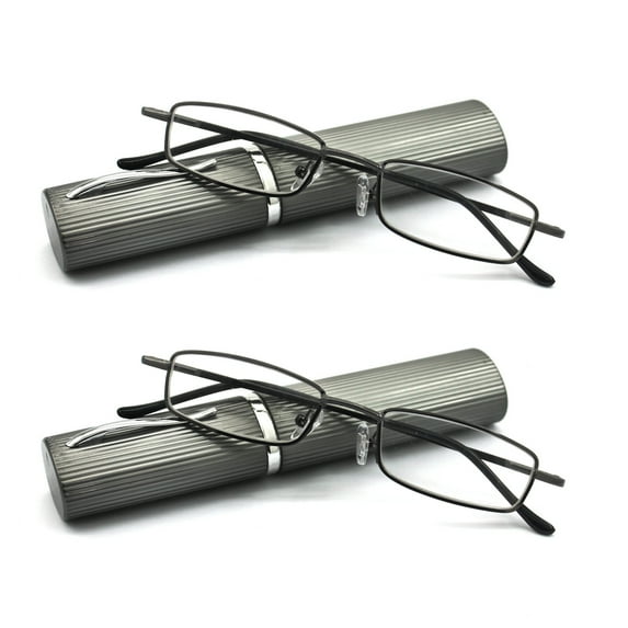 EYE ZOOM 2 Pack Ultra Slim Compact Lightweight Tube Reading Glasses with Portable Clip Aluminum Case, Gunmetal Strength +2.25