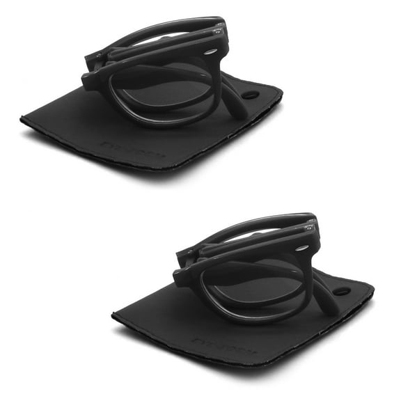 EYE ZOOM 2 Pack Unisex Retro Style Plastic Frame Folding Reading Glasses with Leather Pouch for Men and Women (Black, Strength: +3.00)