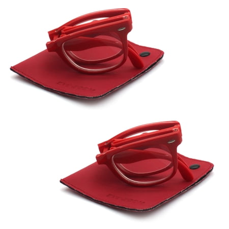 EYE ZOOM 2 Pack Unisex Retro Style Plastic Frame Folding Reading Glasses with Leather Pouch for Men and Women (Red, Strength: +1.00)