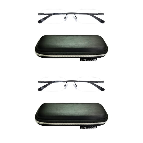 EYE ZOOM 2 Pack Unisex Rimless Metal Frame Reading Glasses with Case for Men and Women (Gunmetal +3.50)