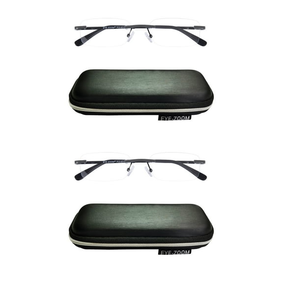 EYE ZOOM 2 Pack Unisex Rimless Metal Frame Reading Glasses with Case for Men and Women (Gunmetal +3.50)