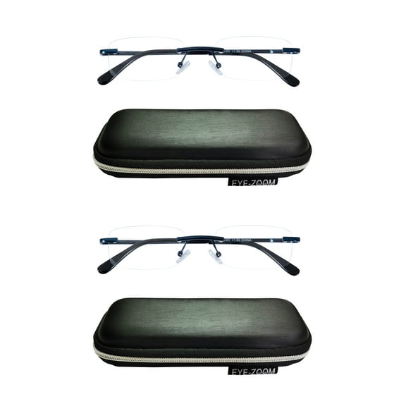 EYE ZOOM 2 Pack Unisex Rimless Metal Frame Reading Glasses with Case for Men and Women (Navy Blue+1.75)