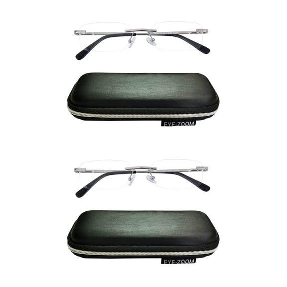 EYE ZOOM 2 Pack Unisex Rimless Metal Frame Reading Glasses with Case for Men and Women (Silver +1.25)