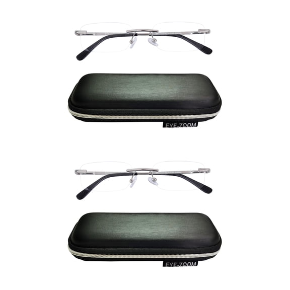 EYE ZOOM 2 Pack Unisex Rimless Metal Frame Reading Glasses with Case for Men and Women (Silver +1.50)