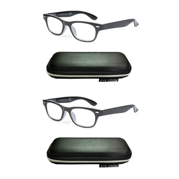 EYE ZOOM 2 Pack Unisex Vintage Plastic Blue Light Blocking Reading Glasses with Case, Black, +2.00
