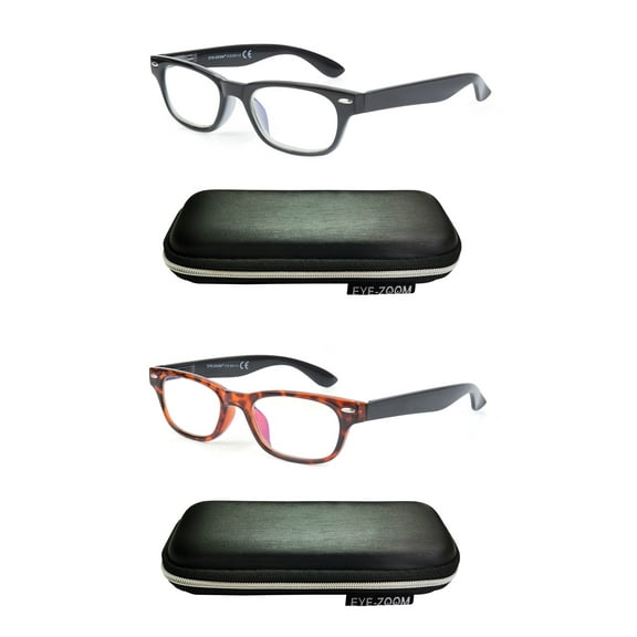 EYE ZOOM 2 Pack Unisex Vintage Plastic Blue Light Blocking Reading Glasses with Case, Black and Tortoise Brown, +1.50