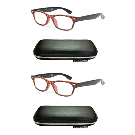 EYE ZOOM 2 Pack Unisex Vintage Plastic Blue Light Blocking Reading Glasses with Case, Tortoise Brown, +1.50