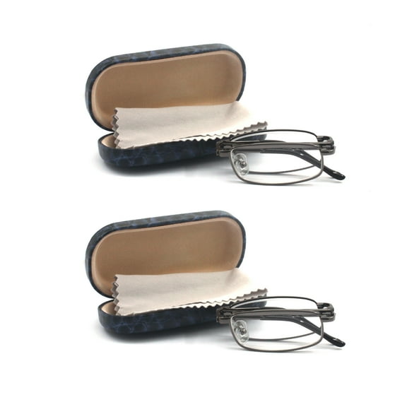 EYEZOOM 2 Pairs Compact Rectangular Metal Folding Reading Glasses with Case for Men and Women, Gunmetal Frame, Navy Blue Case, +2.50