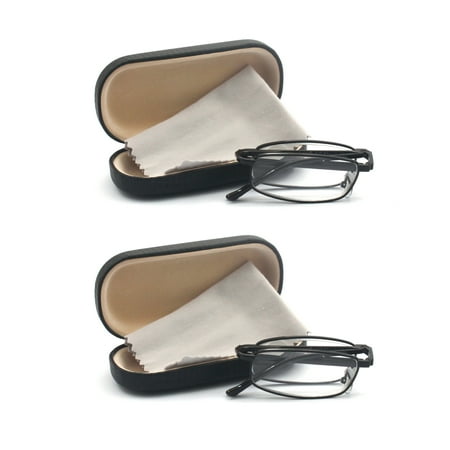 EYEZOOM 2 Pairs Compact Rectangular Metal Folding Reading Glasses with Case for Men and Women, Black Frame, Gray Case, +3.50