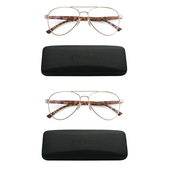 EYE ZOOM 2 Pairs Unisex Aviator Style Blue Light Blocking Reading Glasses, Gold +2.50