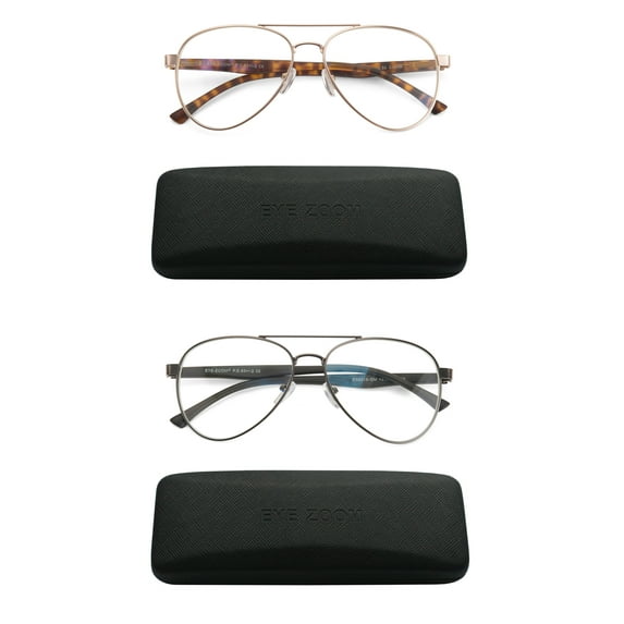 EYE ZOOM 2 Pairs Unisex Aviator Style Blue Light Blocking Reading Glasses, Gold and Gunmetal +2.50