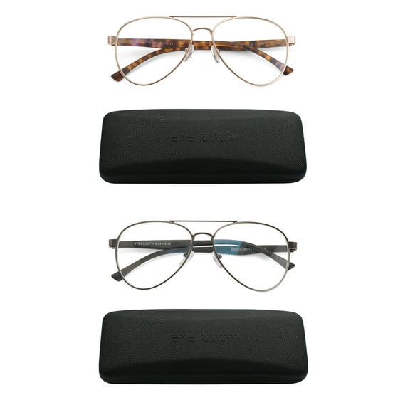 EYE ZOOM 2 Pairs Unisex Aviator Style Blue Light Blocking Reading Glasses, Gold and Gunmetal +2.50