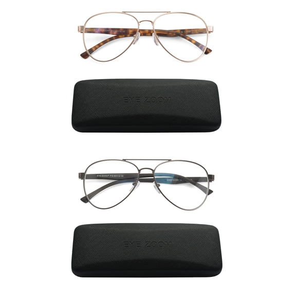 EYE ZOOM 2 Pairs Unisex Aviator Style Blue Light Blocking Reading Glasses, Gold and Gunmetal +3.00