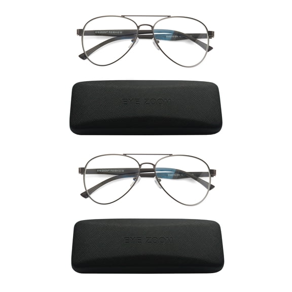 EYE ZOOM 2 Pairs Unisex Aviator Style Blue Light Blocking Reading Glasses, Gunmetal +2.00