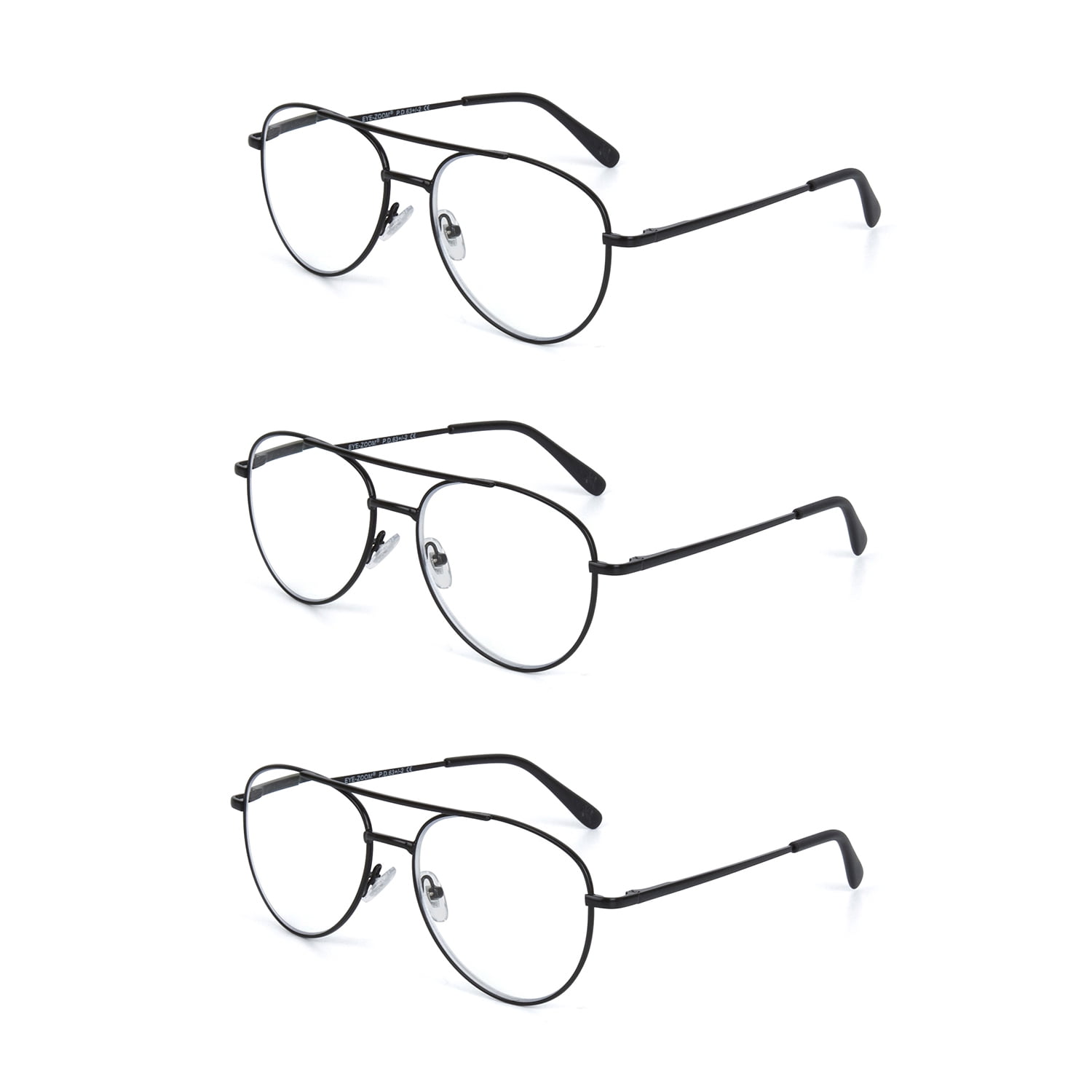 EYE ZOOM 3 Pack Aviator Style Metal Frame Blue Light Blocking Reading Glasses (Black, +3.00 Strength)